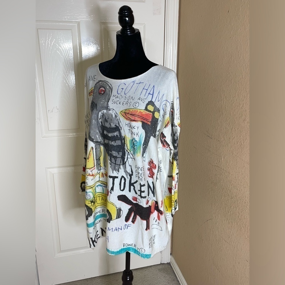 Ellazhu Sweater Womens One Size Gray Graffiti Graphic All Over Print Pullover - Picture 2 of 11
